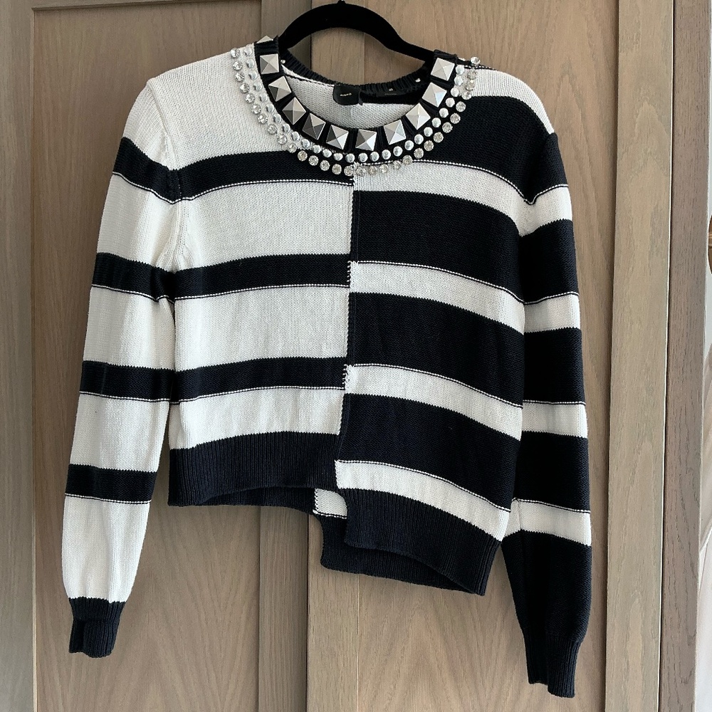 Pinko Black & White Asymmetrical Cotton Sweater with Embellished Neckline